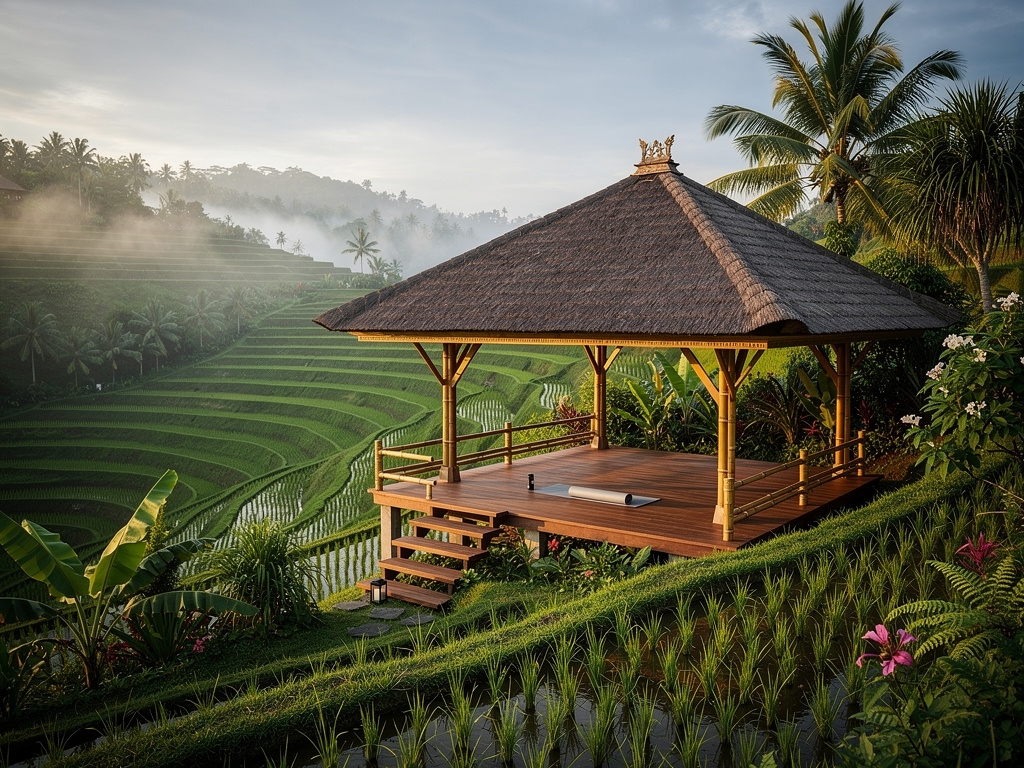 Pemandangan retreat wellness di Bali dengan sawah terasering dan paviliun terbuka