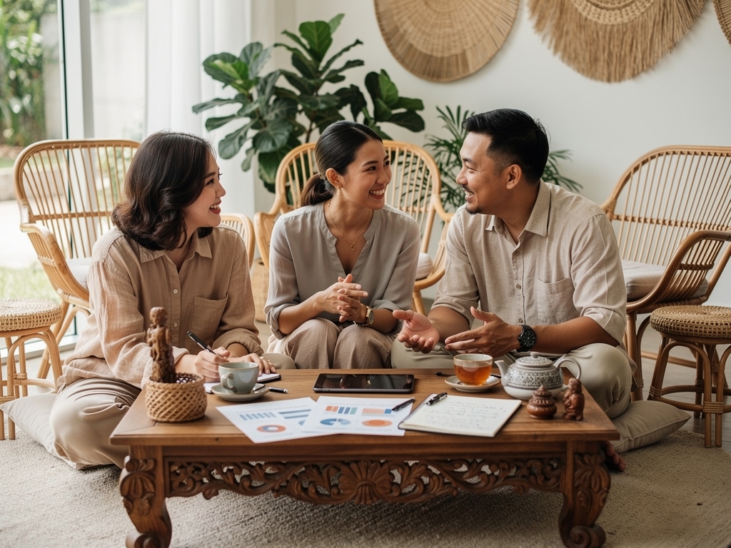 Tim wellness profesional Indonesia sedang berdiskusi dan berkolaborasi dalam lingkungan yang hangat