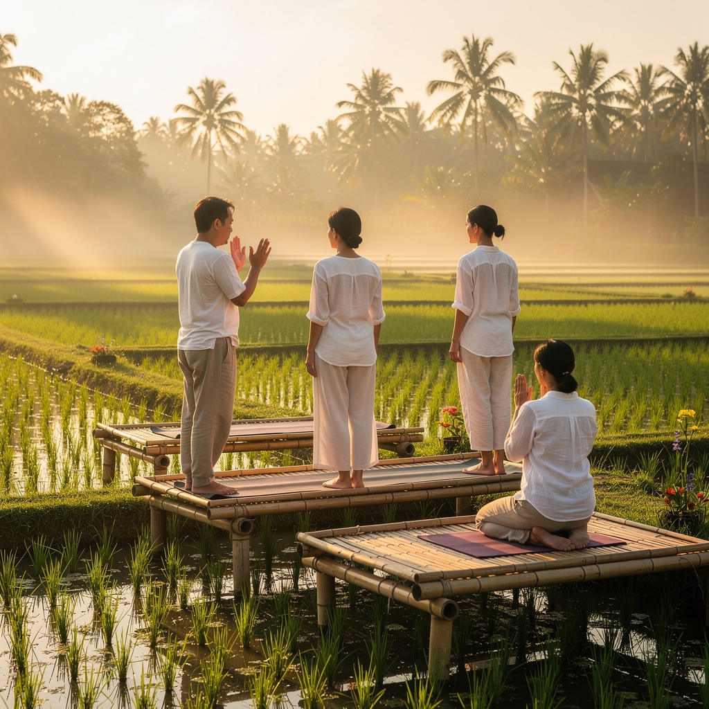 Suasana program detoksifikasi di retreat alam terbuka dengan peserta melakukan yoga pagi