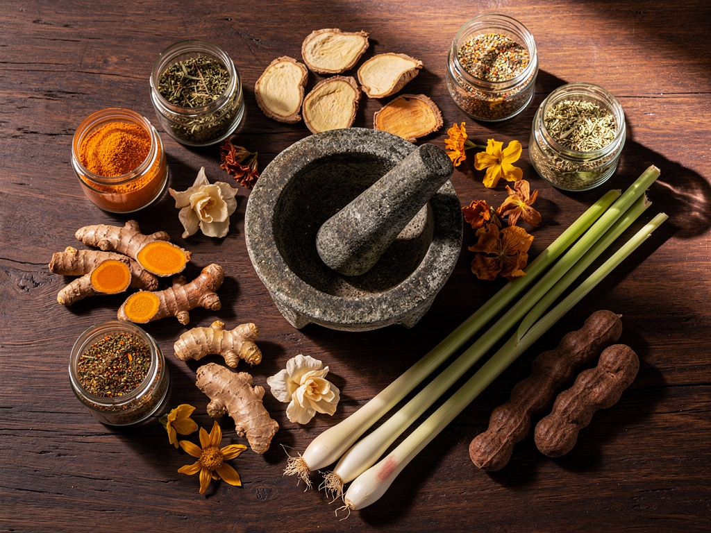 Bahan-bahan jamu herbal tradisional Indonesia berupa rempah dan tanaman obat