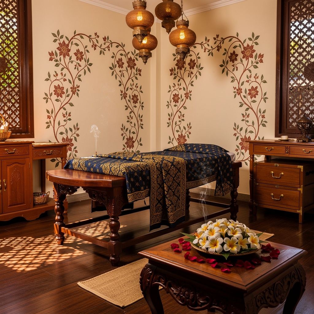Suasana spa tradisional Jawa dengan dekorasi batik dan pencahayaan lilin yang hangat