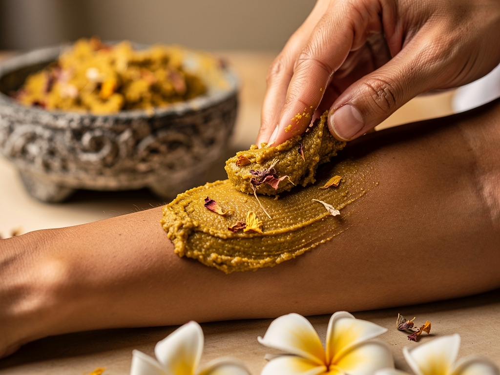 Ritual lulur Bali dengan pasta kunyit berwarna kuning cerah dioleskan pada kulit tangan seorang perempuan
