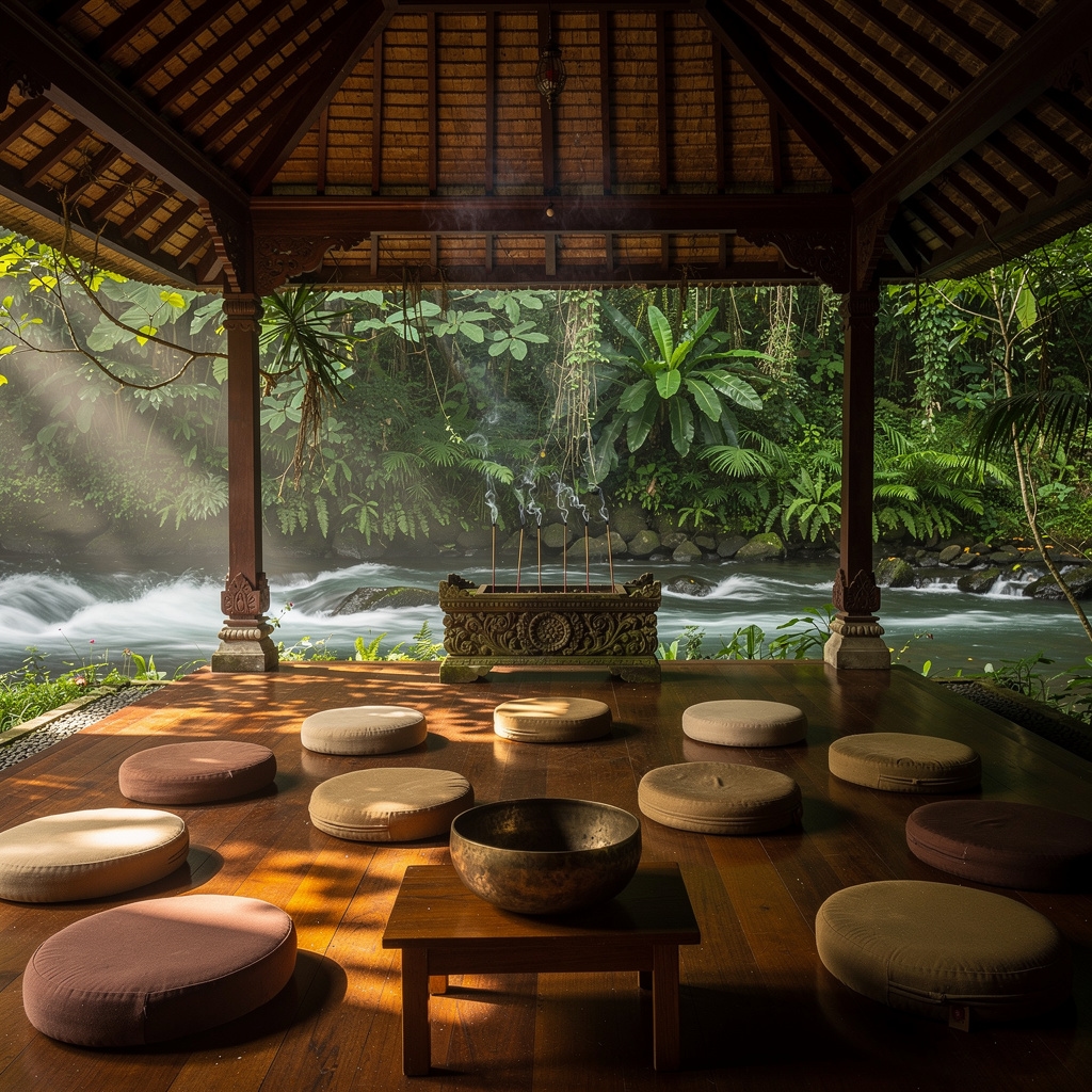 Pusat meditasi di Ubud Bali dengan suasana tenang dikelilingi pepohonan hijau dan aliran sungai